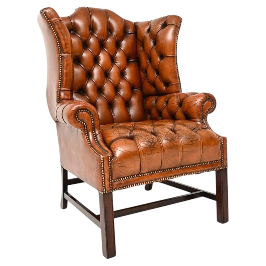 Antique Deep Buttoned Leather Wing Back Armchair