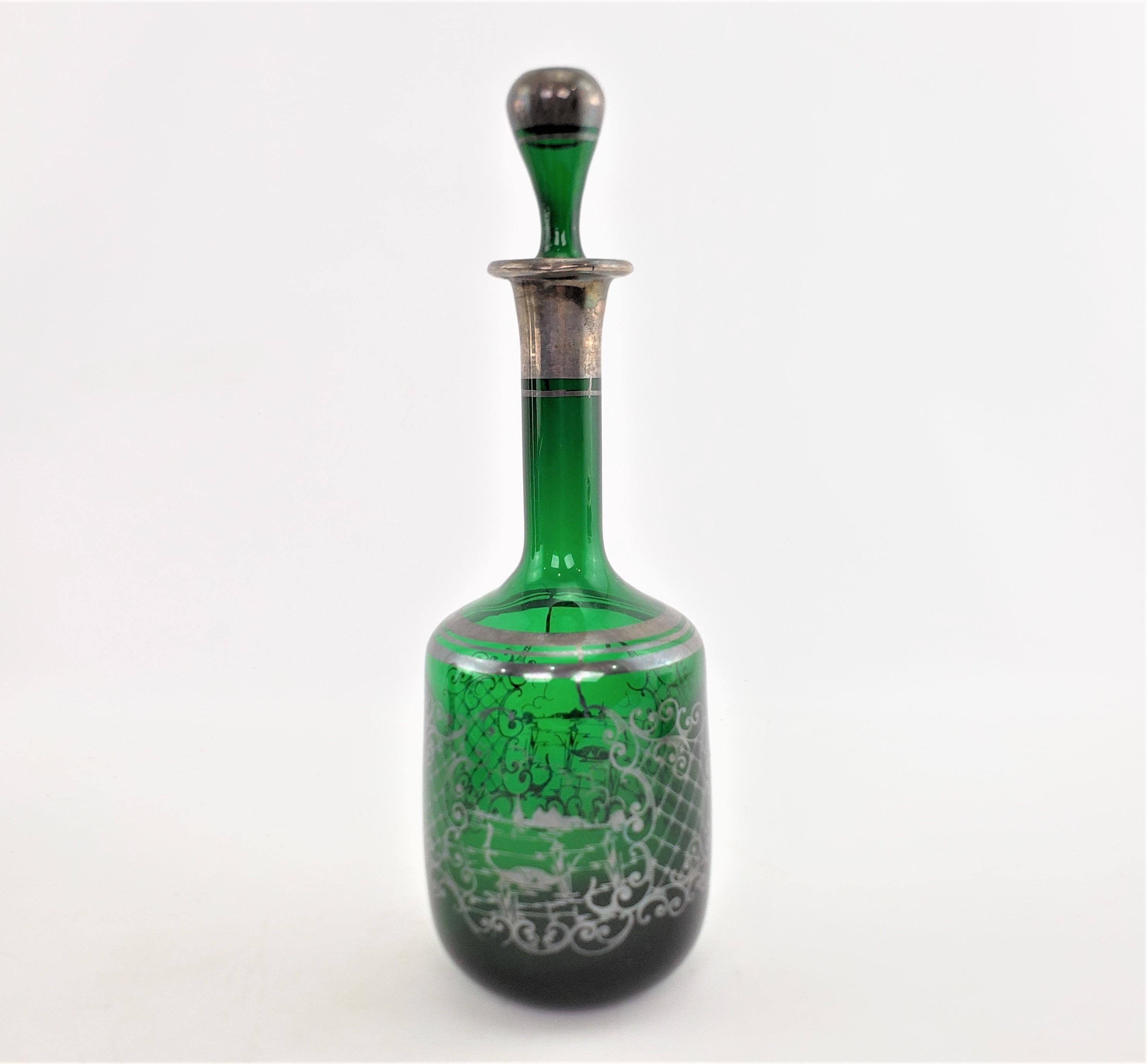 Art Deco Antique Deep Green Bottle Decanter with Silver Overlay Swan & Pond Decoration