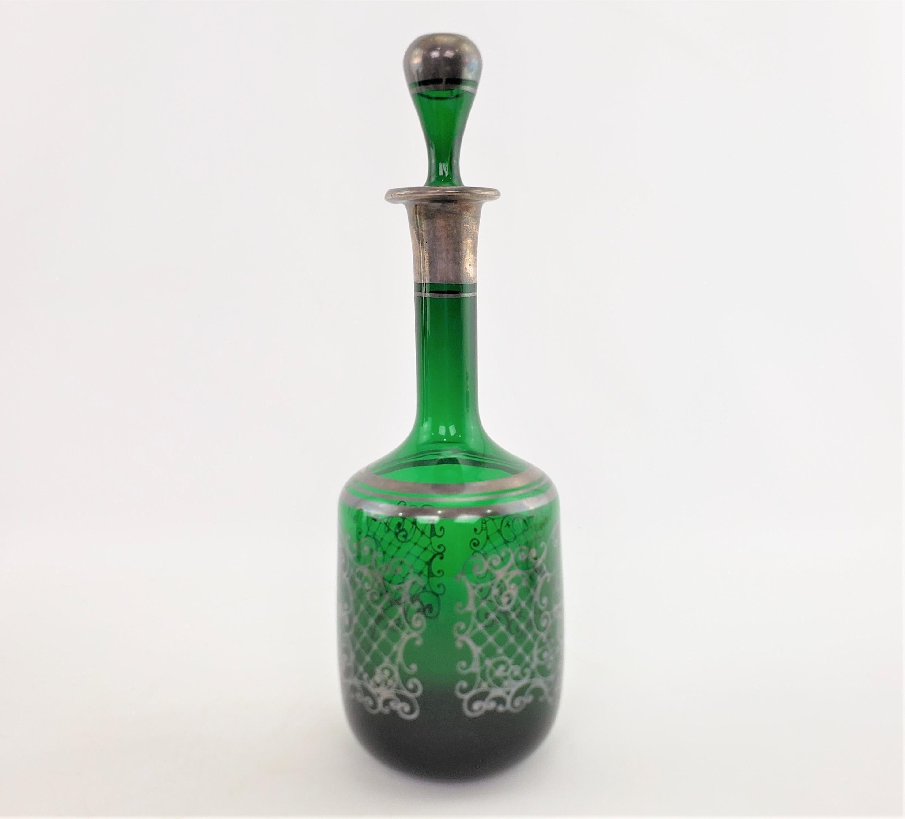 French Antique Deep Green Bottle Decanter with Silver Overlay Swan & Pond Decoration