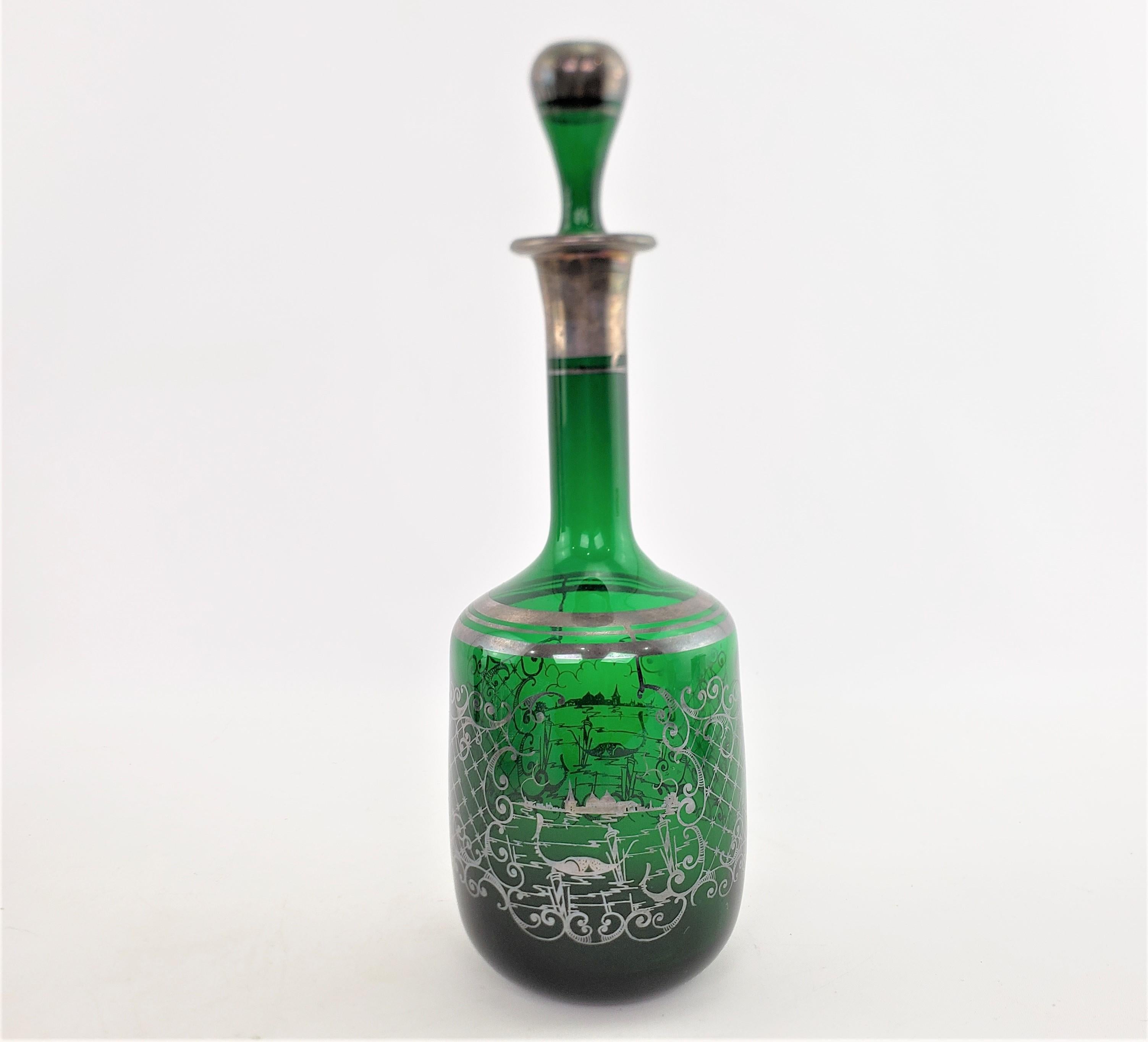 Silvered Antique Deep Green Bottle Decanter with Silver Overlay Swan & Pond Decoration