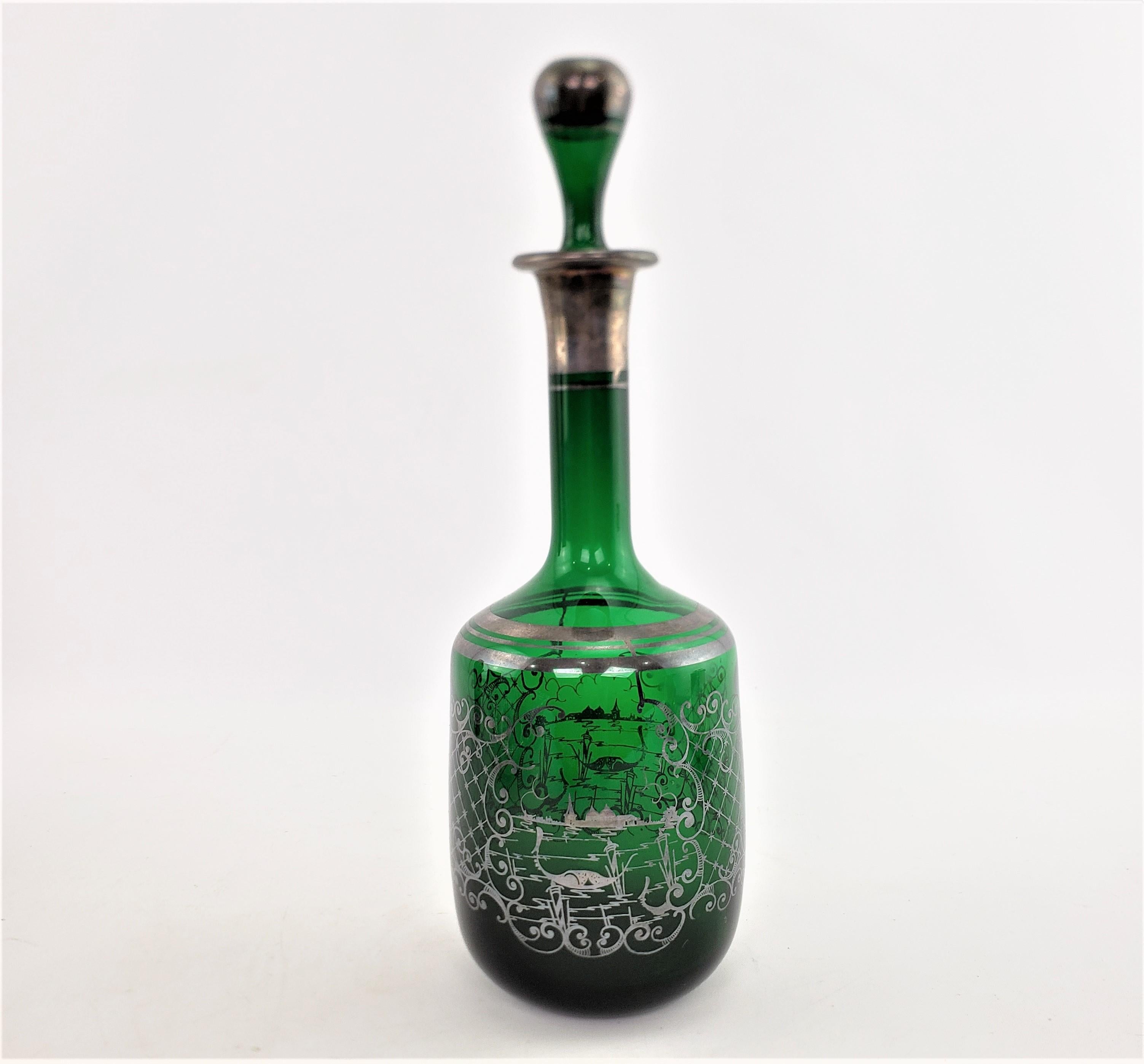 Antique Deep Green Bottle Decanter with Silver Overlay Swan & Pond Decoration In Good Condition In Hamilton, Ontario