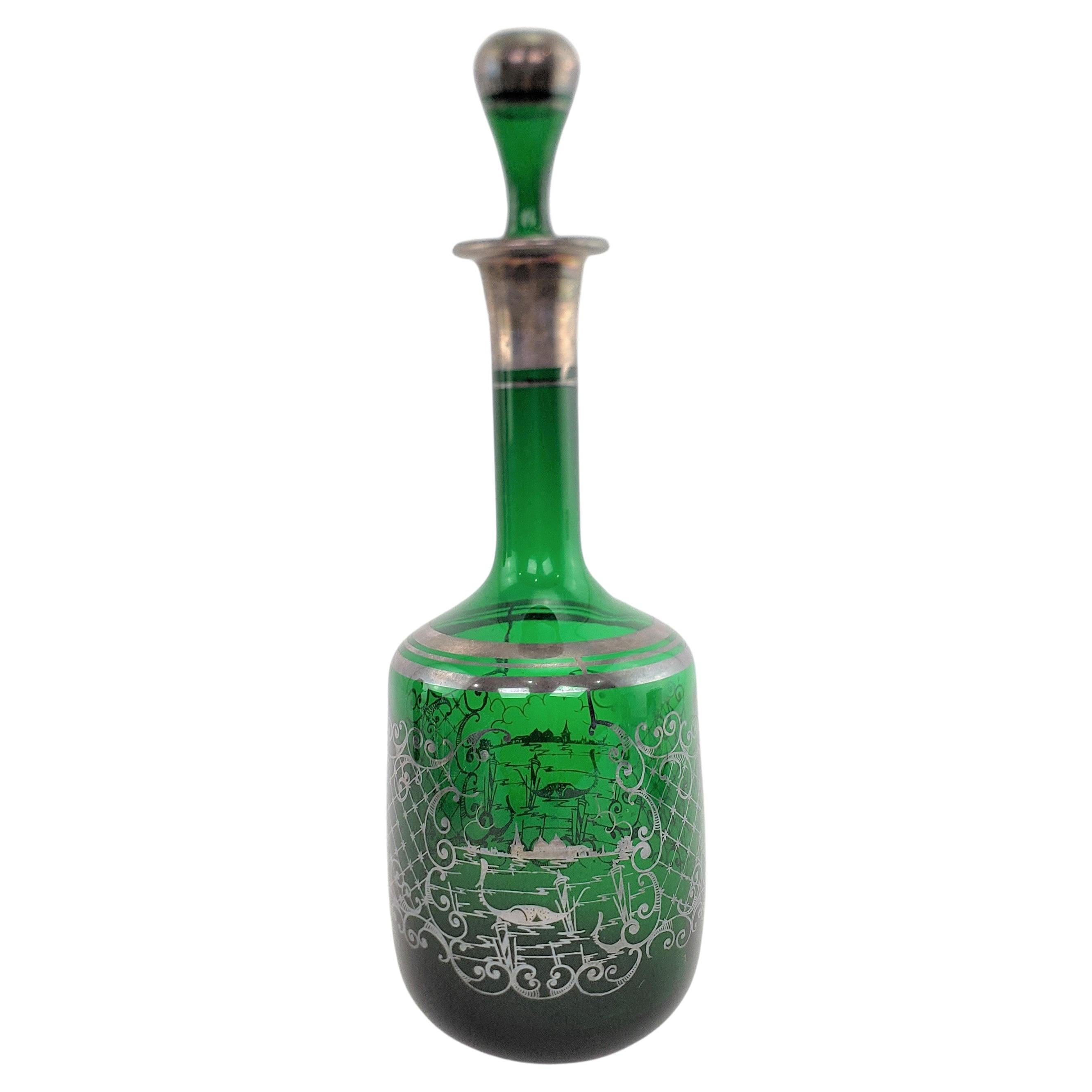 Wine Decanter Bottle with Embossed Grapes Glass Cork Stopper 4/5 Quart Old Bottle Hand Painted Green & Gold Bottle Antique Wine Bottle