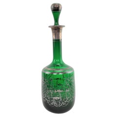 Antique Deep Green Bottle Decanter with Silver Overlay Swan & Pond Decoration