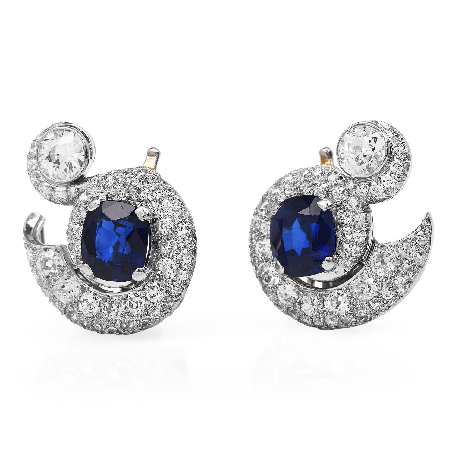 Deep Royal Blue Sapphire & Diamond Large clip-on Cocktail earring, 

Crafted in platinum, the center is adorned by a GIA-certified vivid Natural Royal Blue  Sapphire, cushion-shaped, prong cut, No treatments,  weighing a total of