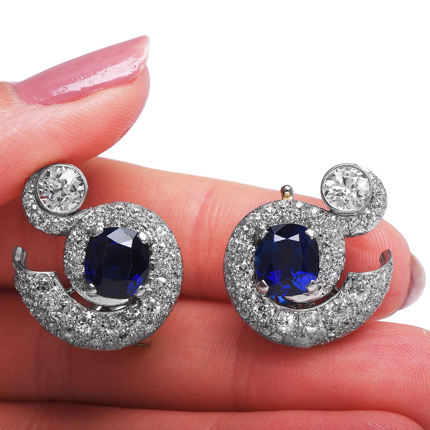 Retro Antique Deep Royal Blue No Heat Sapphire Diamond Clipon Cocktail Earrings For Sale