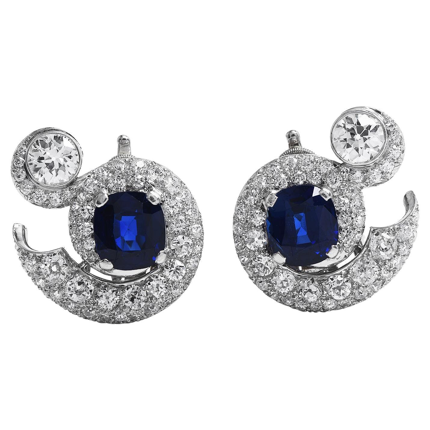 Antique Deep Royal Blue No Heat Sapphire Diamond Clipon Cocktail Earrings For Sale