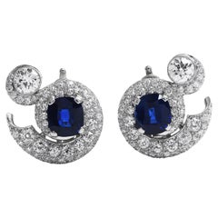 Antique Deep Royal Blue No Heat Sapphire Diamond Clipon Cocktail Earrings