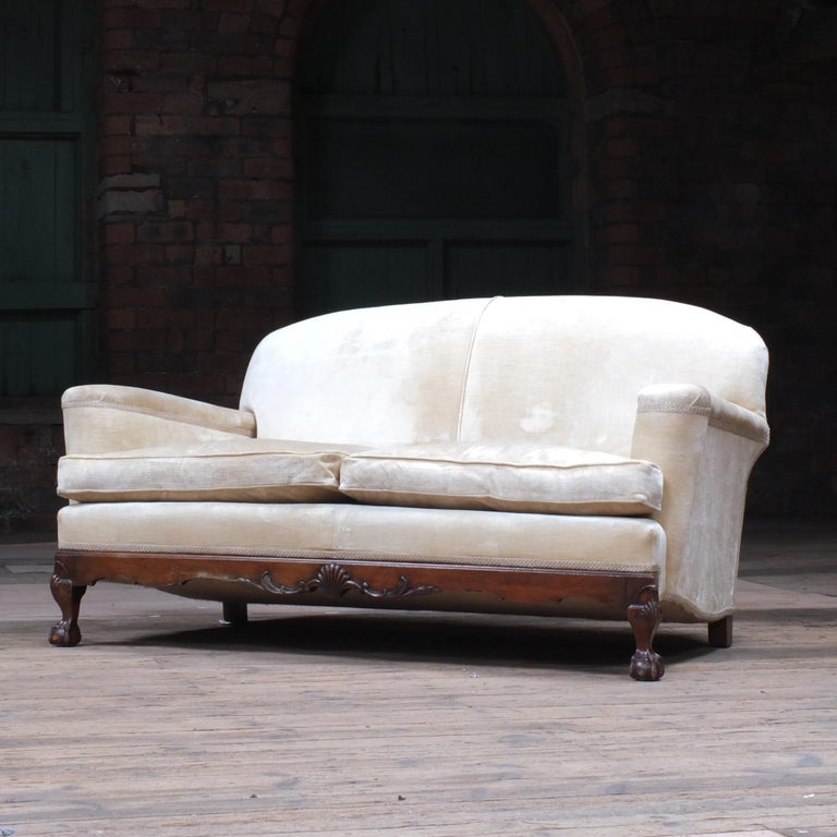Antique Deep Seated Howard Style English Country House Sofa in off White Velvet