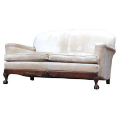 Antique Deep Seated Howard Style English Country House Sofa in off White Velvet