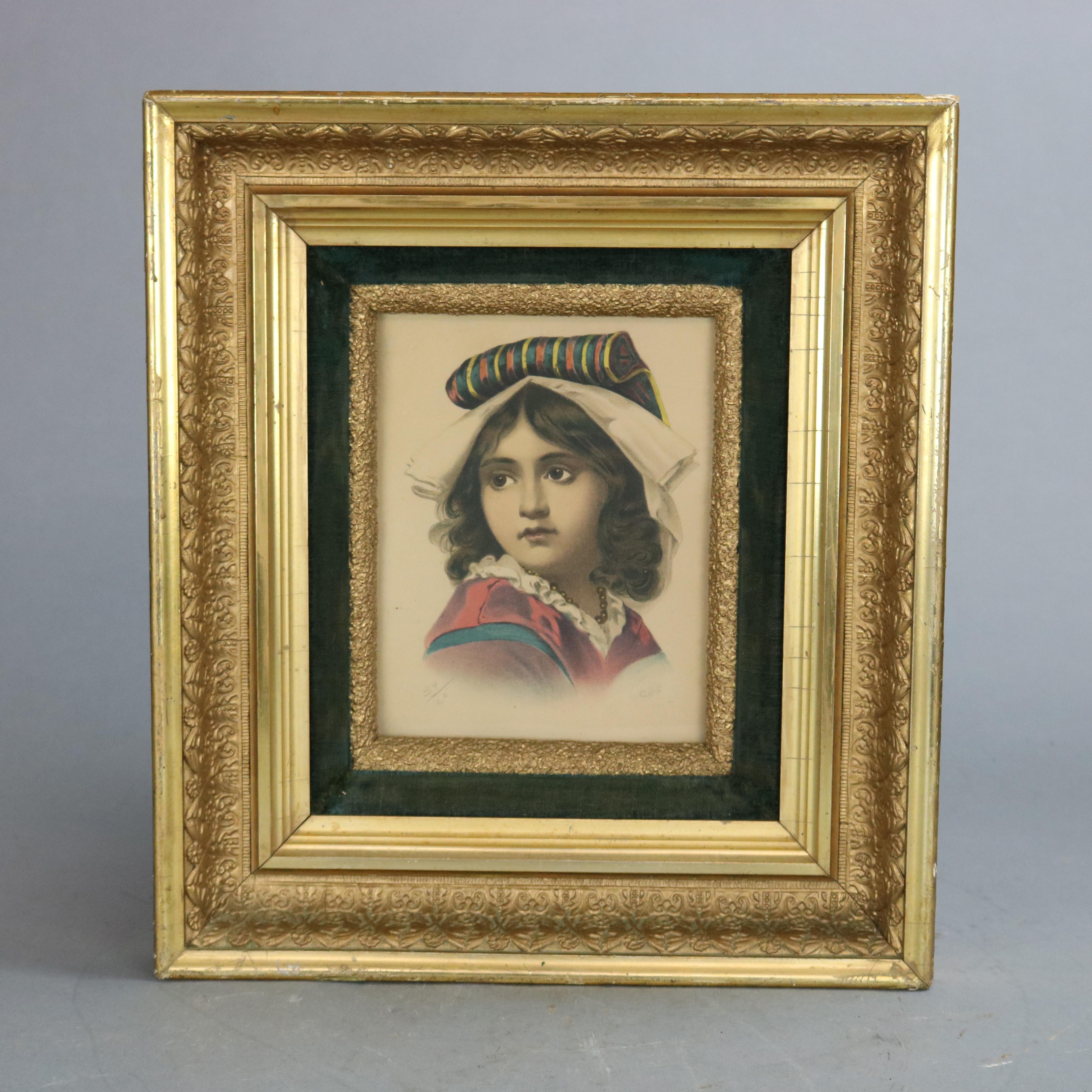 An antique matching set of deep set first finish giltwood frames having foliate decoration and housing portrait prints of young children, signed and numbered, 19th century.

Measures: 17