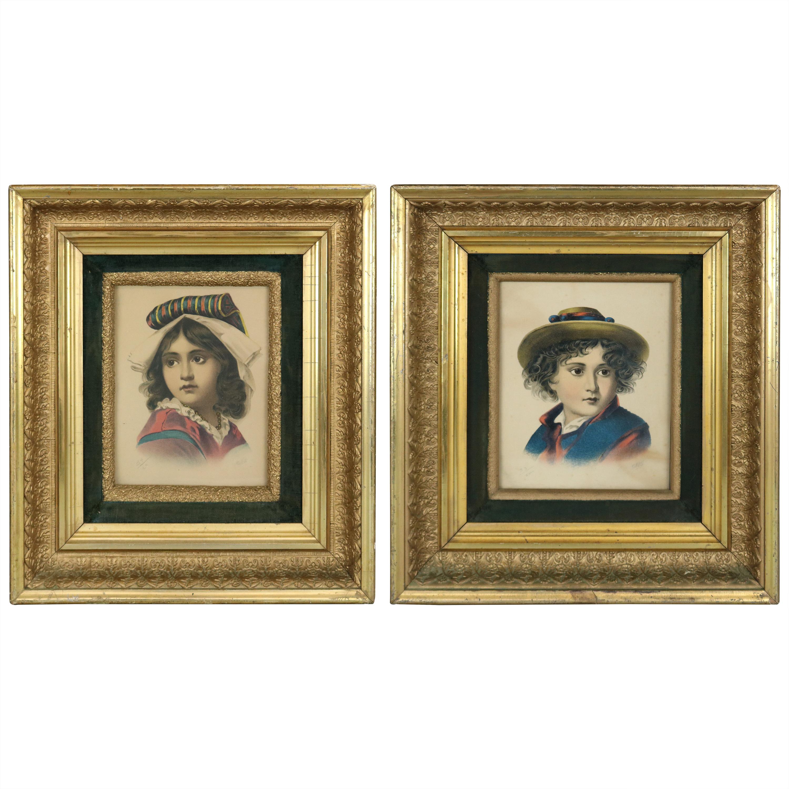 Antique Deep Set First Finish Giltwood Frames with Child Portrait Prints