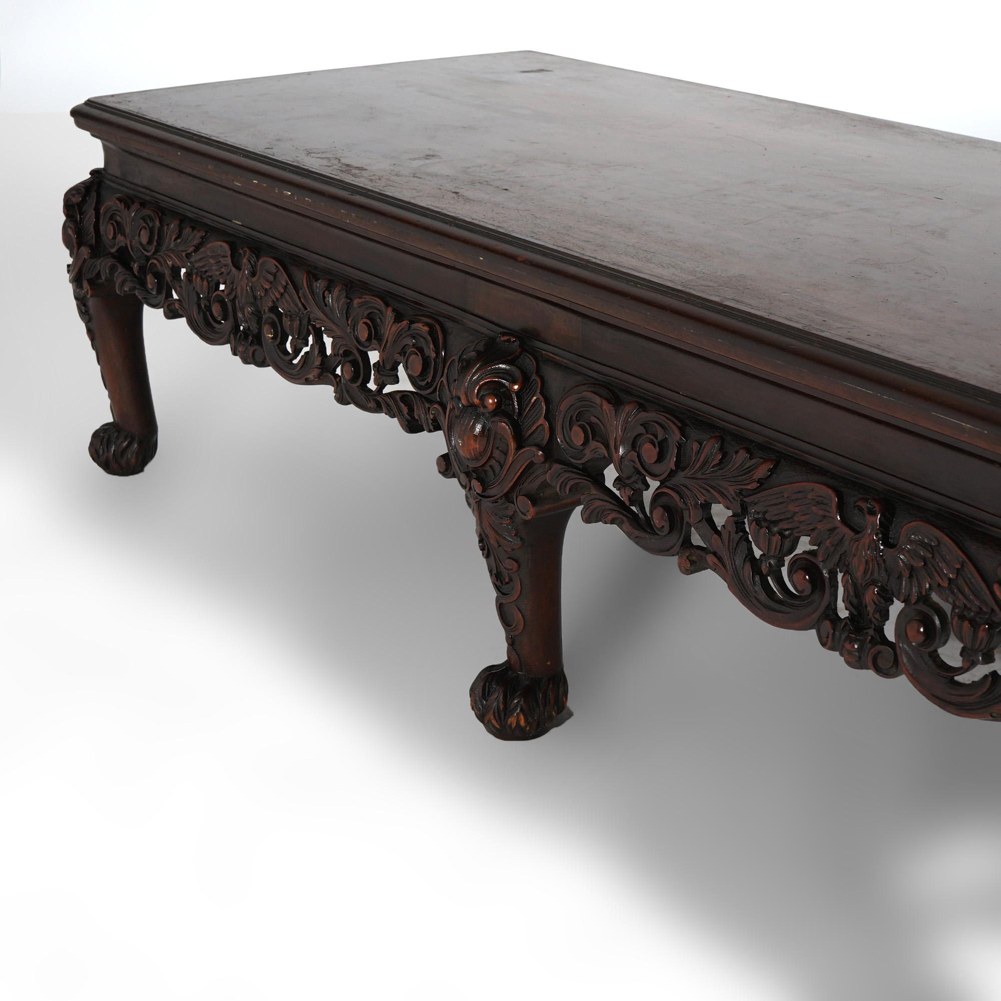 20th Century Antique Deeply Carved Figural Mahogany Low Table with Eagle Circa 1910 For Sale