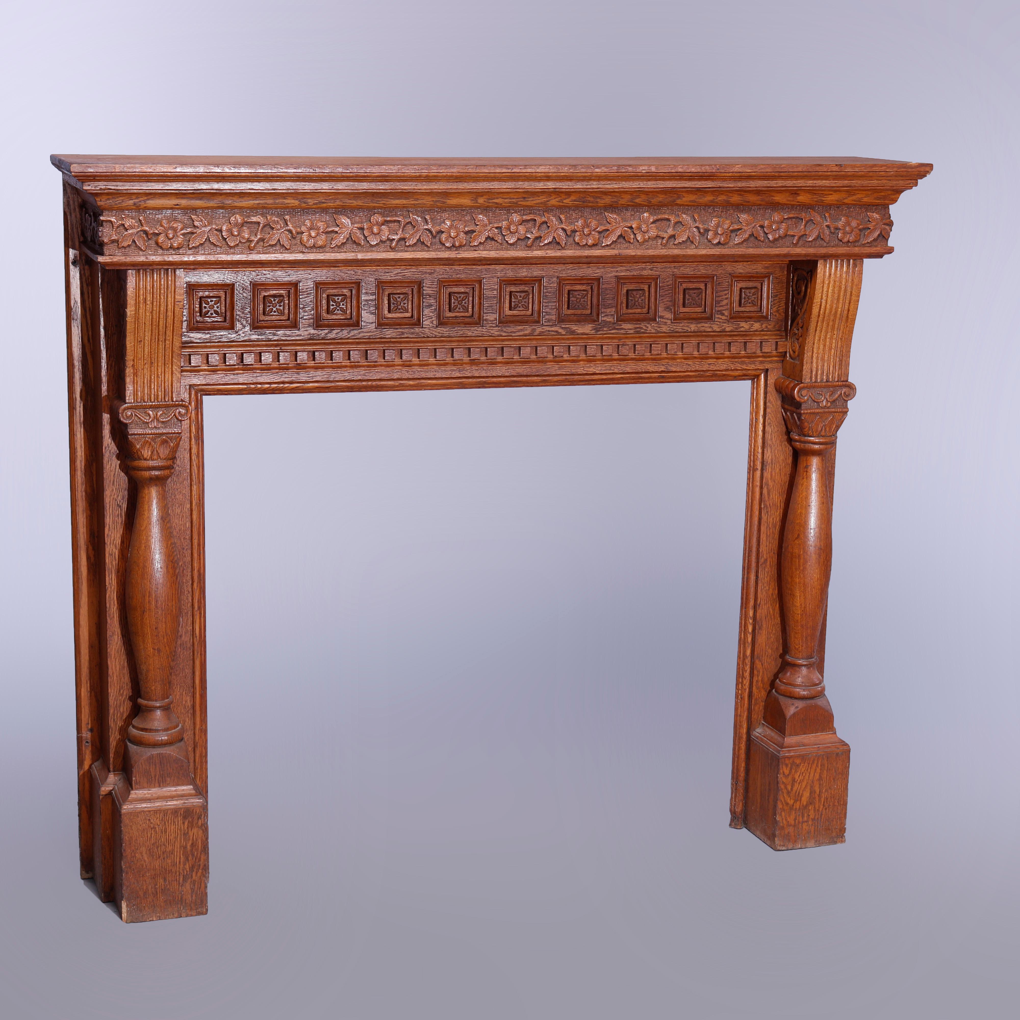 Antique Deeply Carved Oak RJ Horner School Fireplace Mantle Circa 1900 In Good Condition In Big Flats, NY