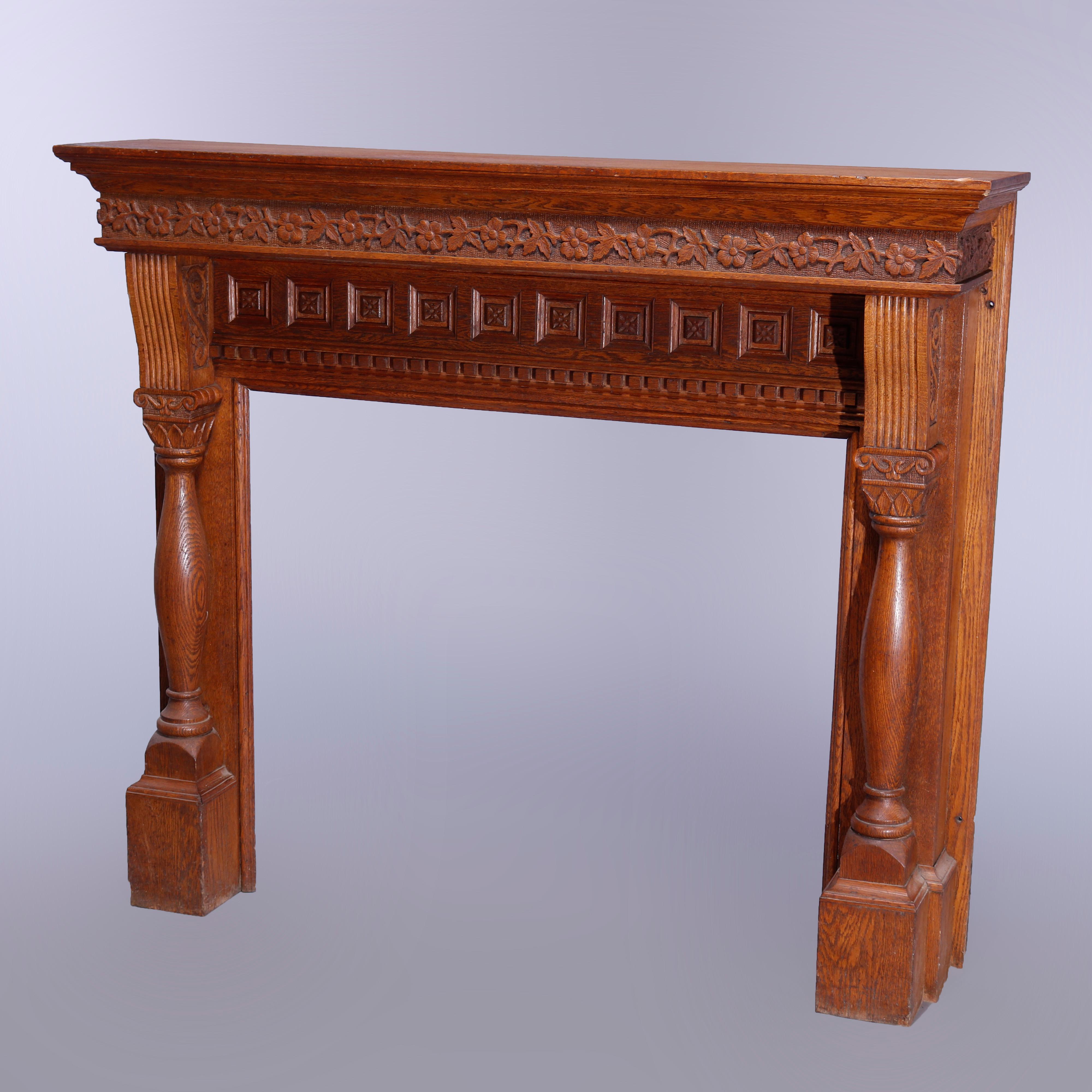 20th Century Antique Deeply Carved Oak RJ Horner School Fireplace Mantle Circa 1900