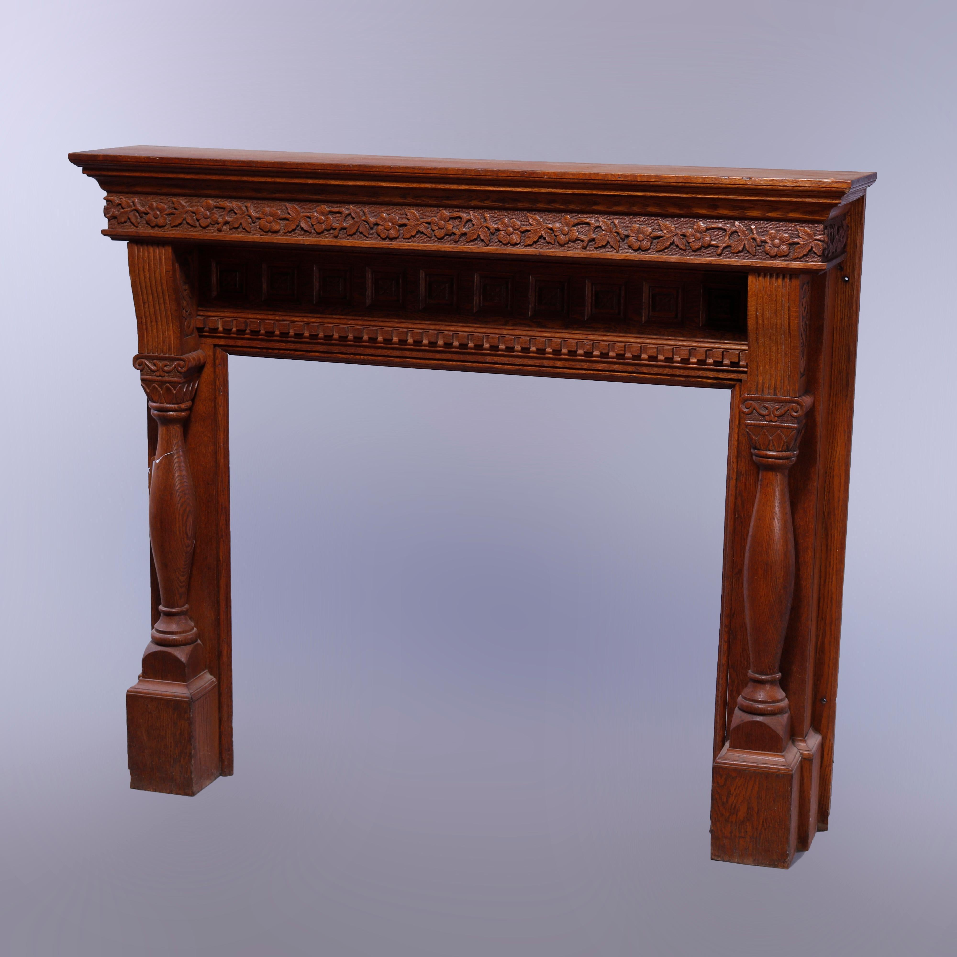 Wood Antique Deeply Carved Oak RJ Horner School Fireplace Mantle Circa 1900