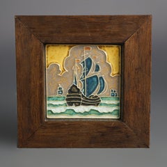 Antique Delft Arts & Crafts Framed Pottery Tile, Seascape & Ship, Signed C1920