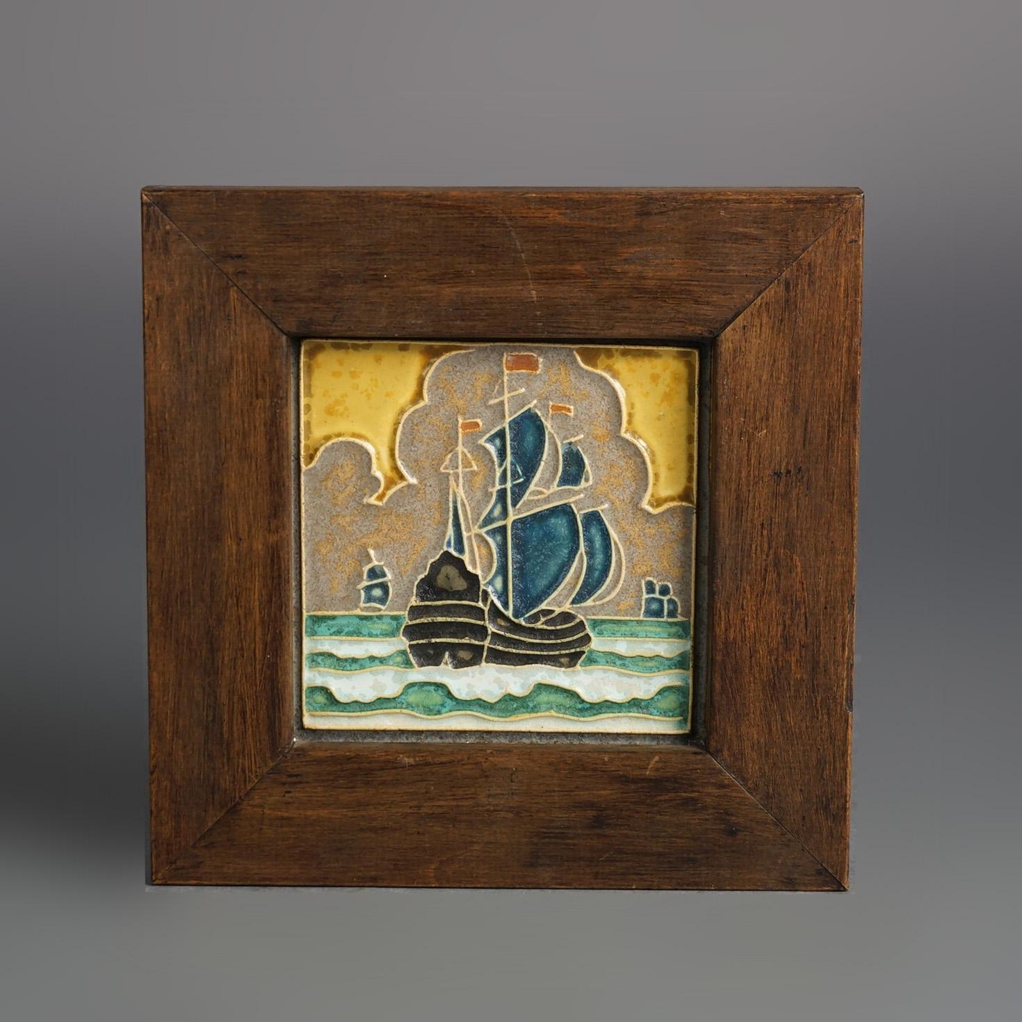 Arts and Crafts Antique Delft Arts & Crafts Framed Pottery Tile, Seascape & Ship, Signed C1920