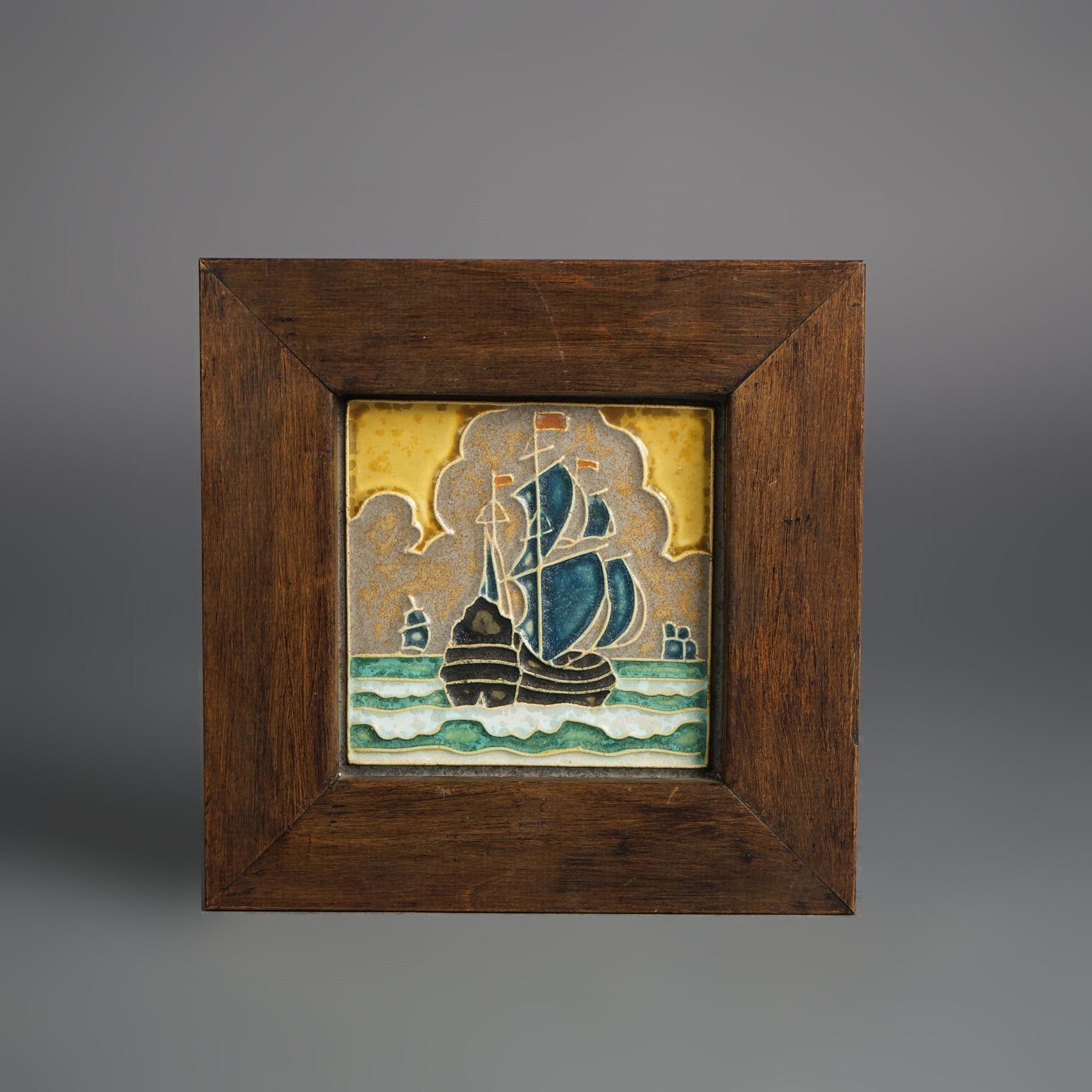 Antique Delft Arts & Crafts Framed Pottery Tile, Seascape & Ship, Signed C1920 In Good Condition In Big Flats, NY