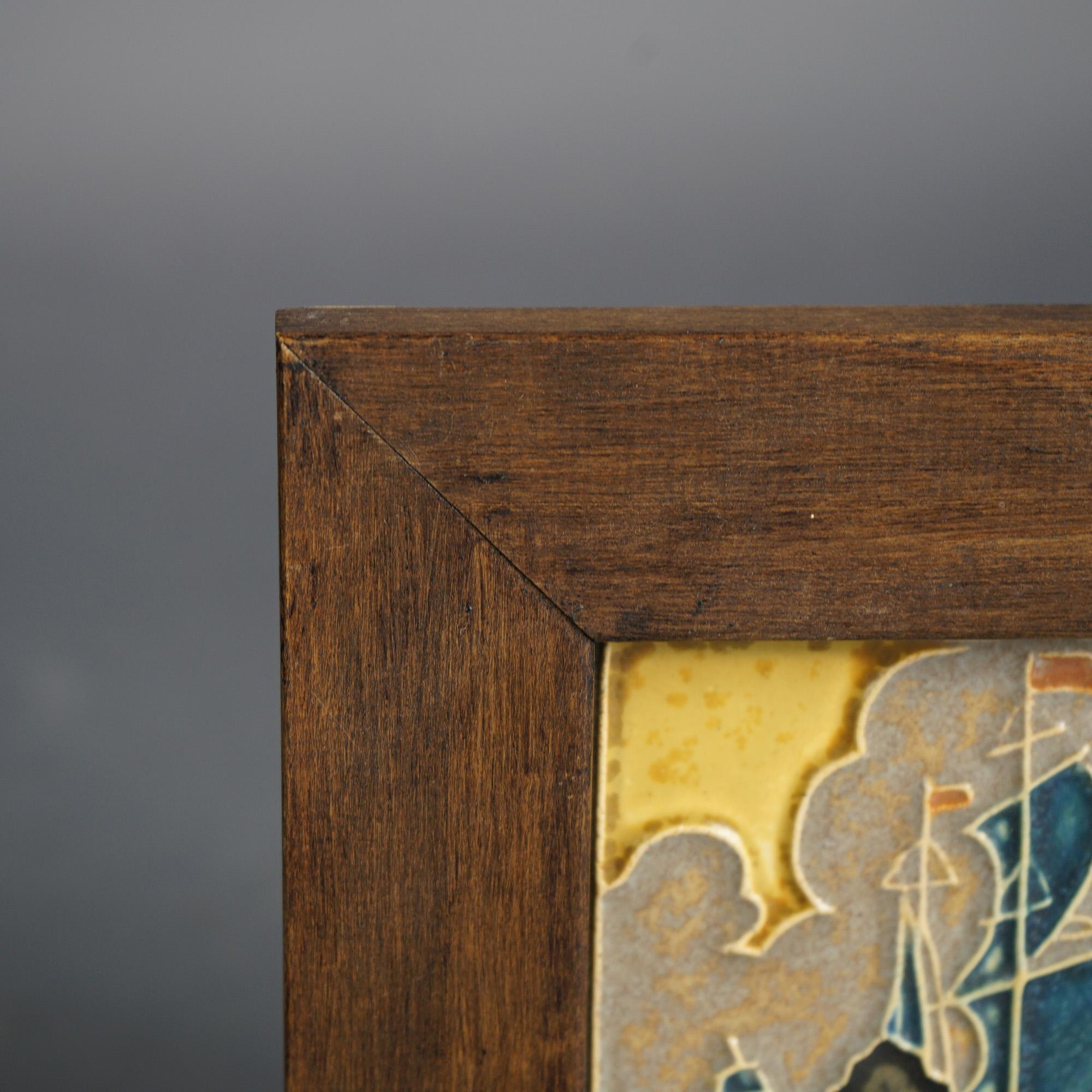 20th Century Antique Delft Arts & Crafts Framed Pottery Tile, Seascape & Ship, Signed C1920 For Sale