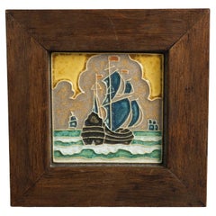 Antique Delft Arts & Crafts Framed Pottery Tile, Seascape & Ship, Signed C1920