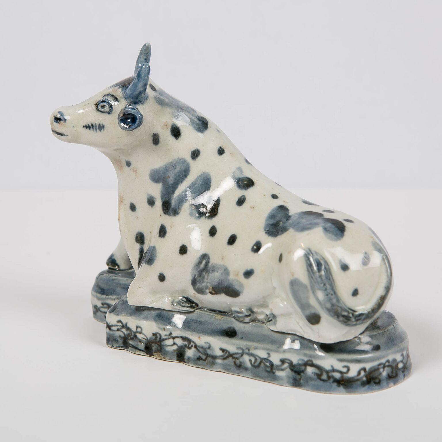 Hand-Painted Antique Delft Blue and White Cow Made circa 1770