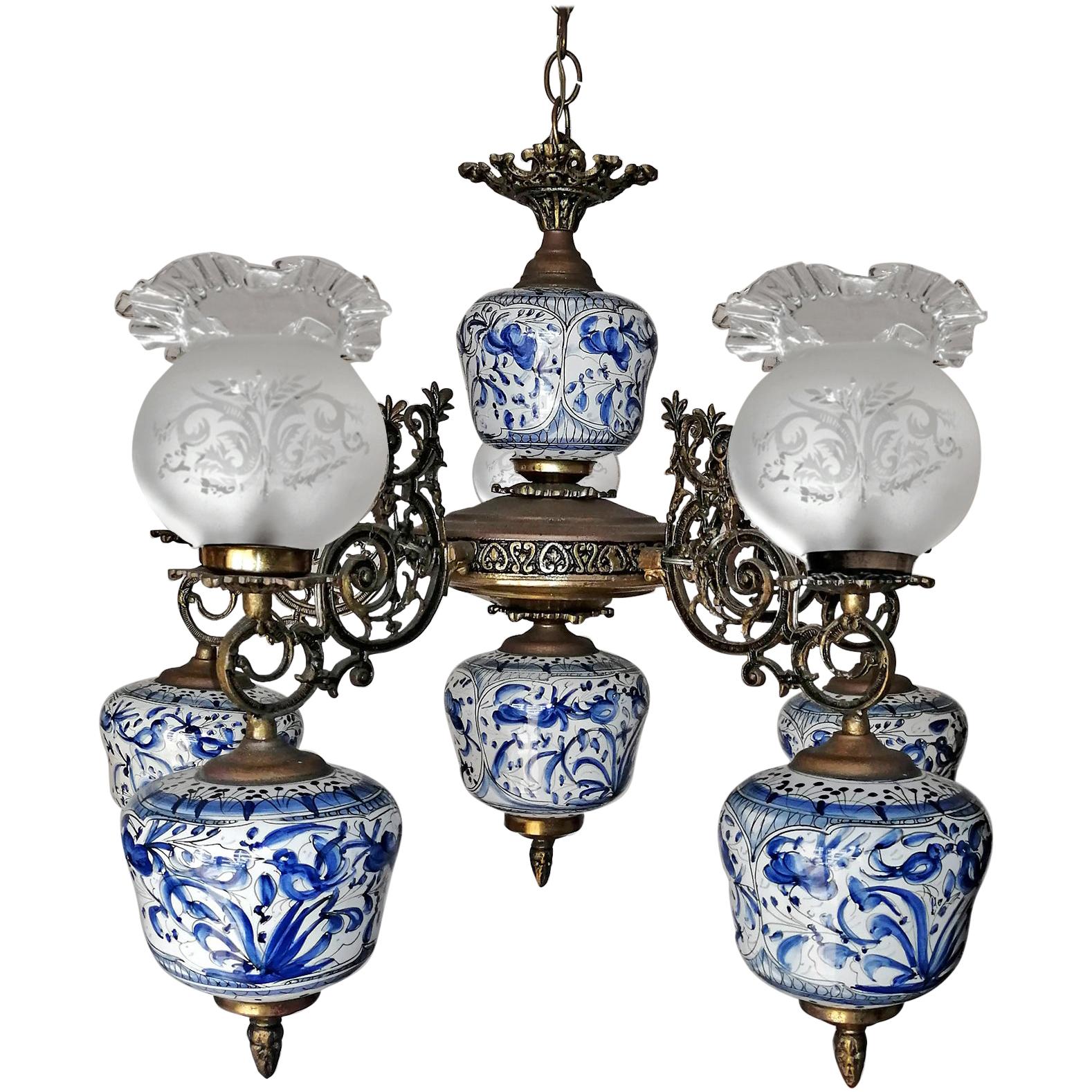 Antique Delft Blue Oil Lamp Chandelier For Sale at 1stDibs