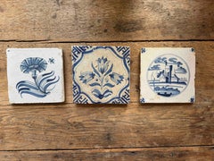 Set of Three Antique Delft Tiles, Dutch Colonial, 1700s