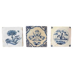 Set of Three Antique Delft Tiles, Dutch Colonial, 1700s