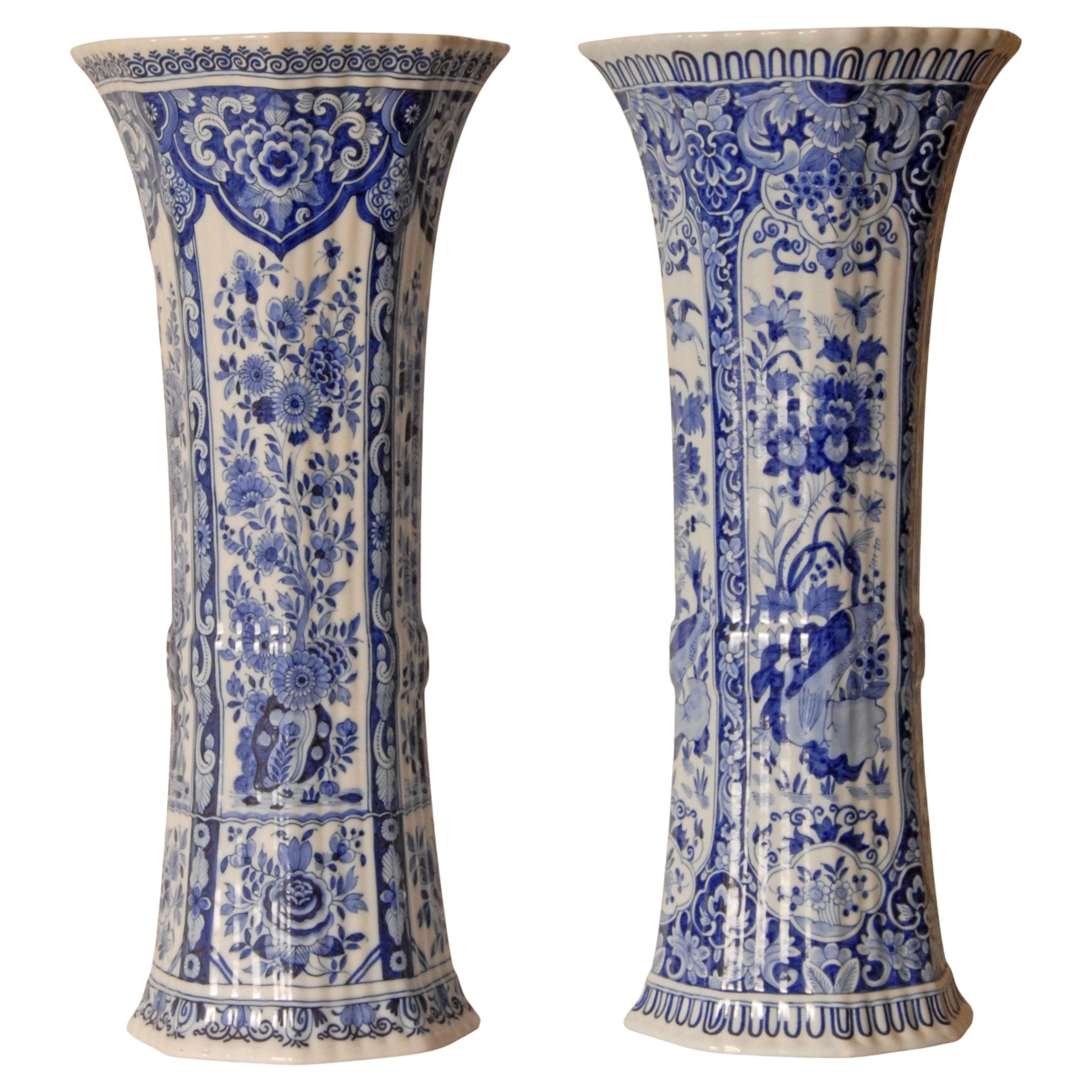 Antique Delft Trumpet Vases Blue and White a pair octagonal vases Delftware
