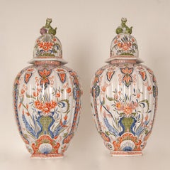 Antique Delft Vases Polychrome Covered Baluster Vases With Foo Cats - a pair