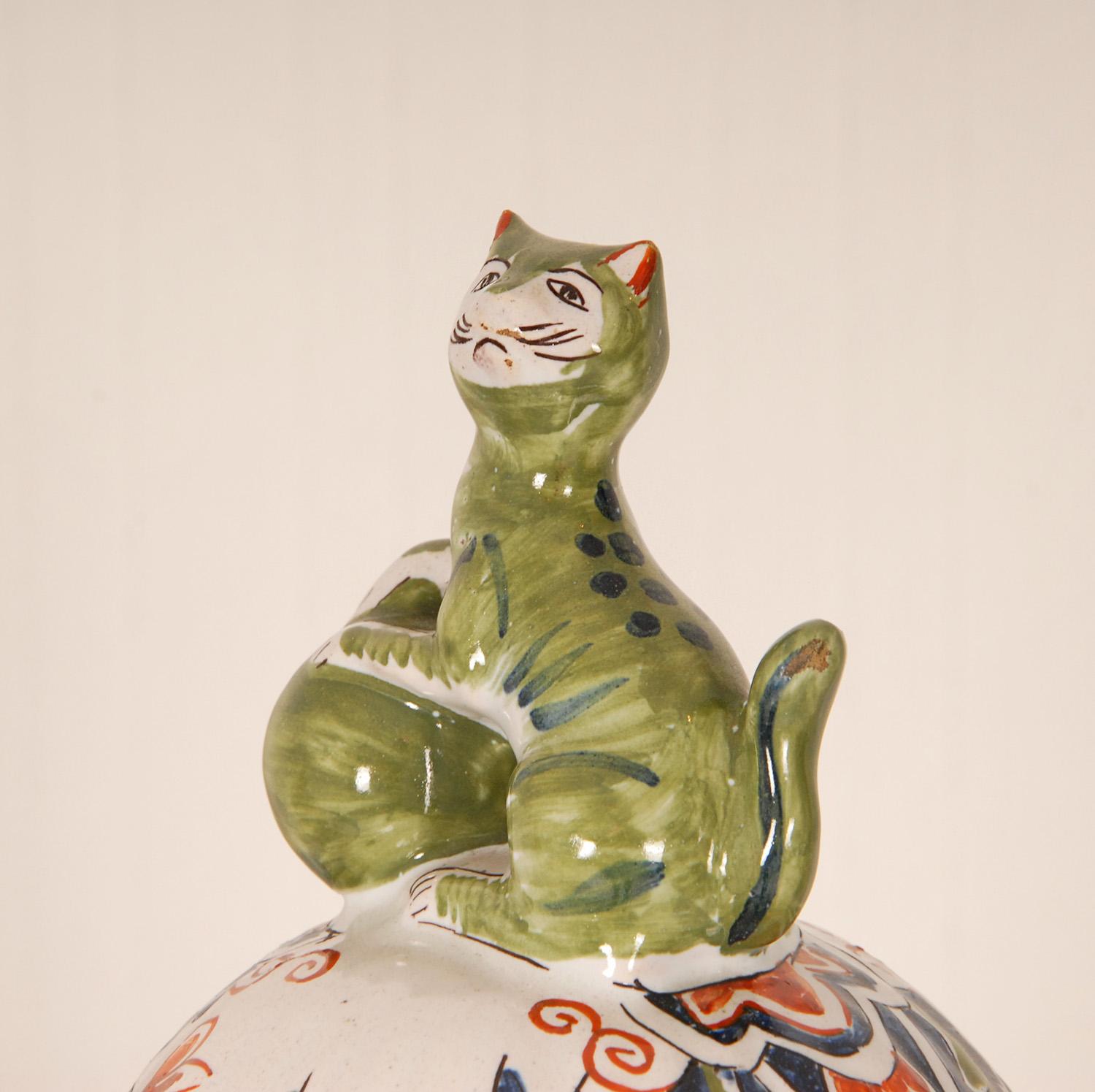 Hand-Painted Antique Delft Vases Polychrome Covered Baluster Vases With Foo Cats - a pair For Sale