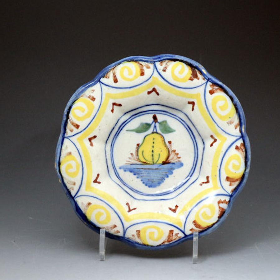 Dutch Antique Delftware Lobed Dish Polychrome Coloured with Image of a Pear circa 1700 For Sale