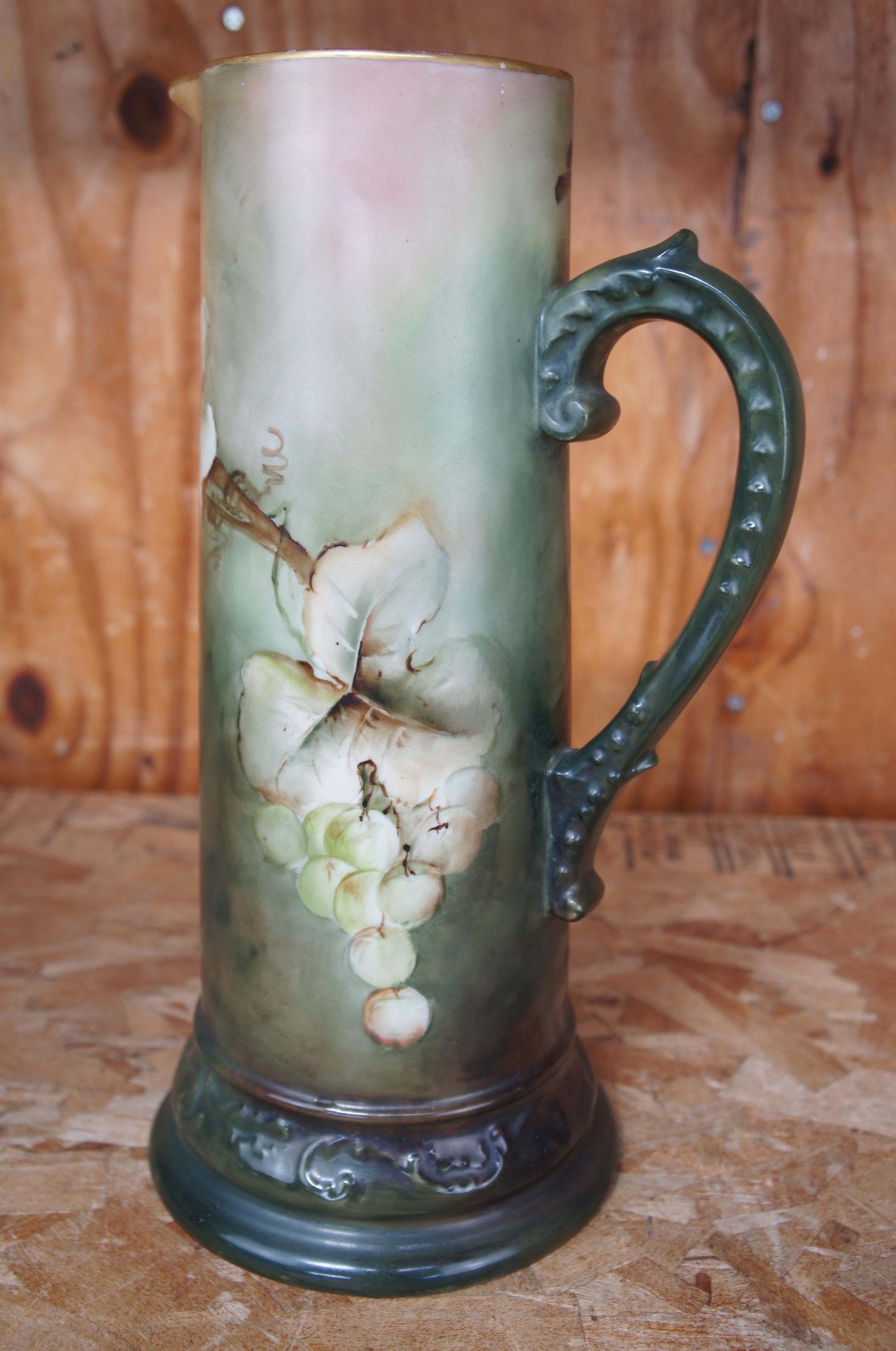 Antique Delinieres & Co. French Limoges Hand Painted Wine Pitcher Tankard Grapes For Sale 6