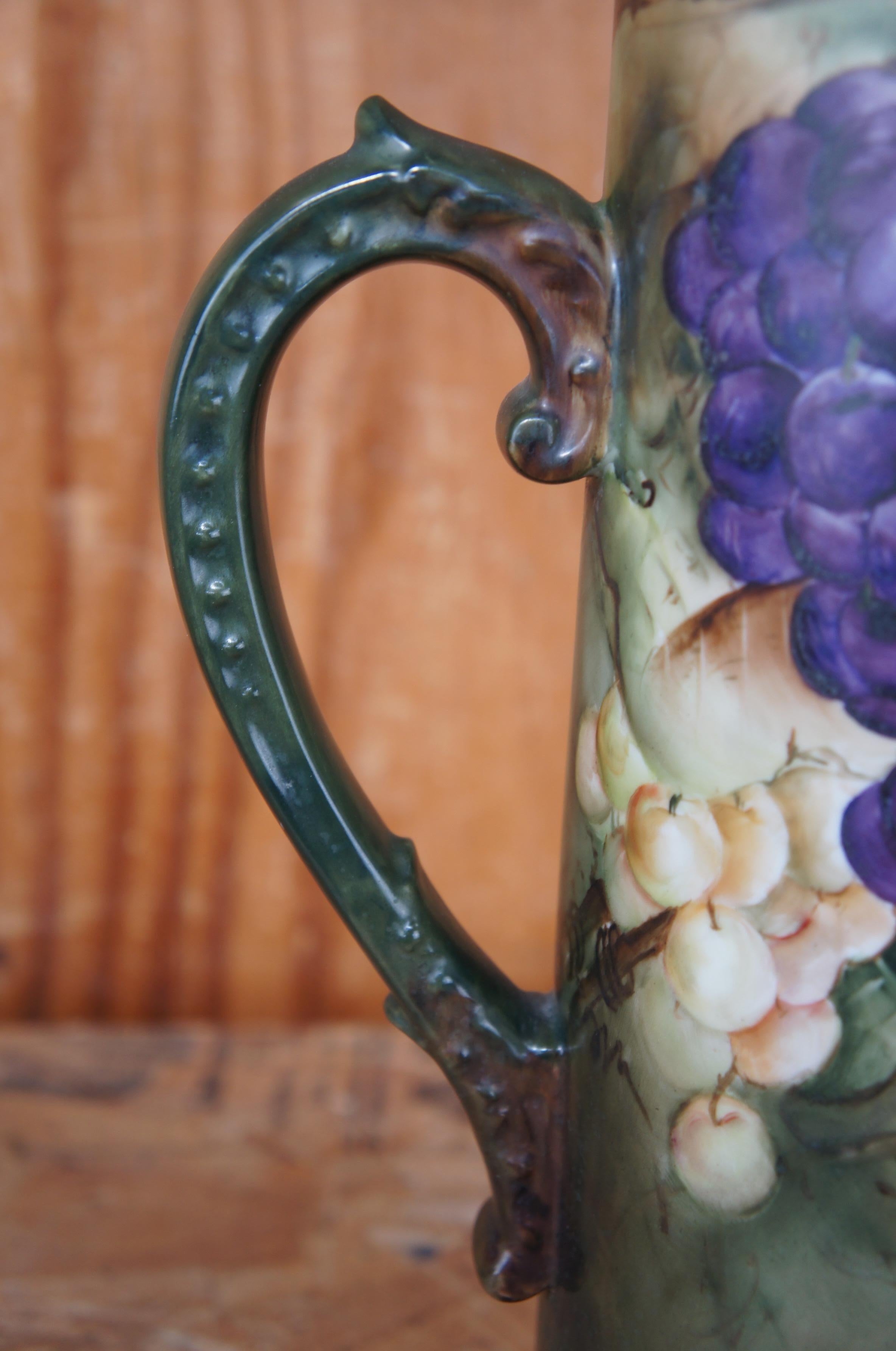 Porcelain Antique Delinieres & Co. French Limoges Hand Painted Wine Pitcher Tankard Grapes For Sale
