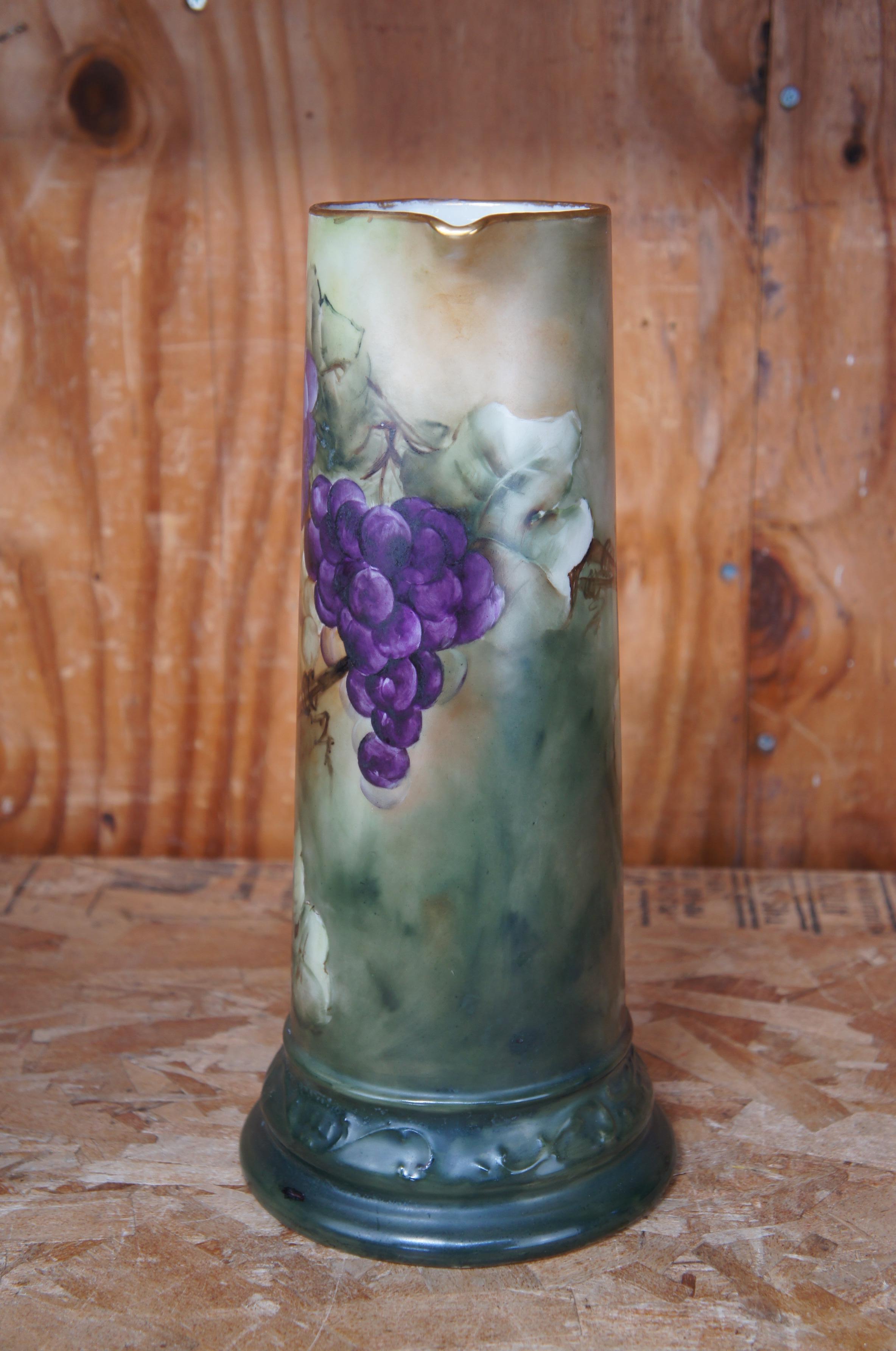 Antique Delinieres & Co. French Limoges Hand Painted Wine Pitcher Tankard Grapes For Sale 2