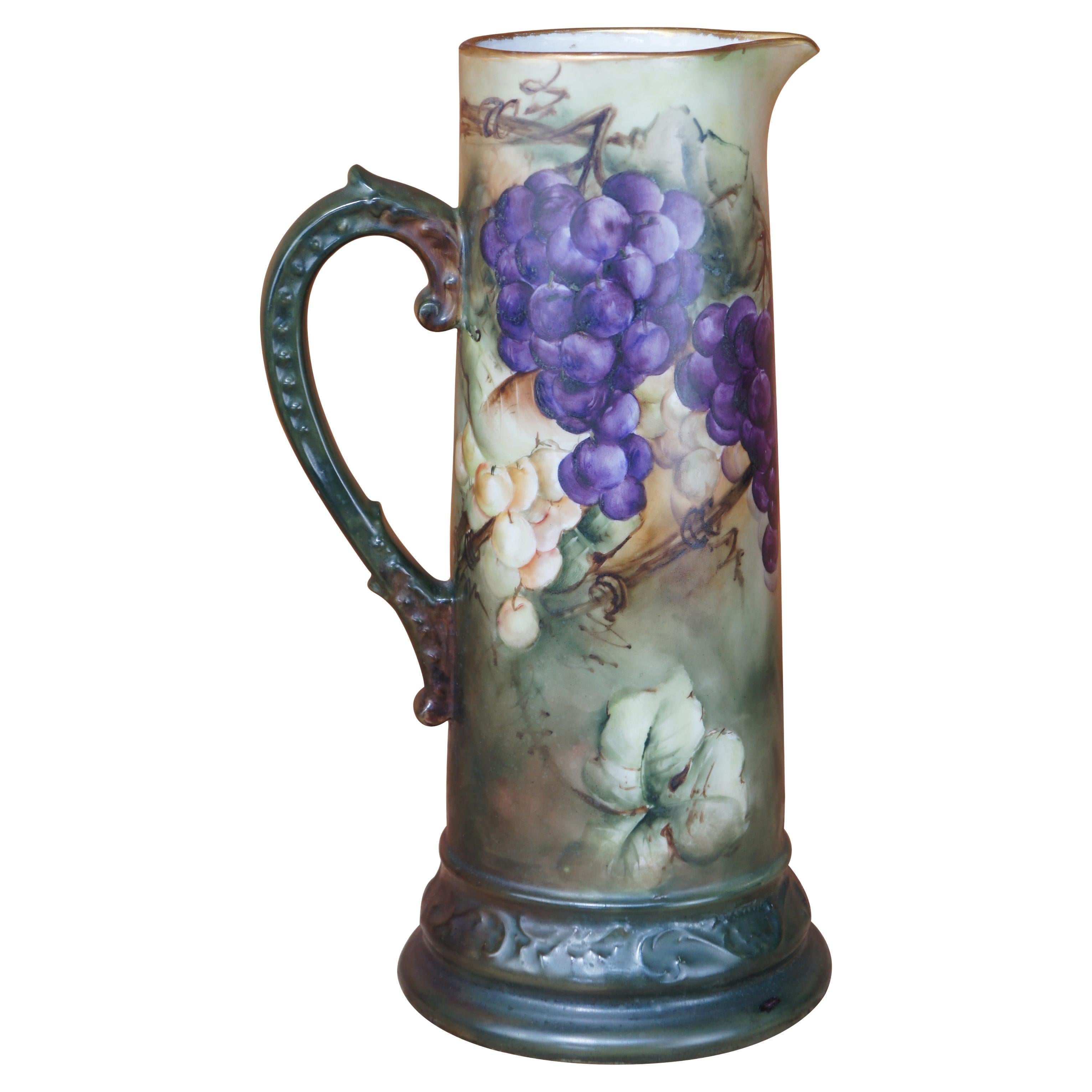 Antique Delinieres & Co. French Limoges Hand Painted Wine Pitcher Tankard Grapes For Sale