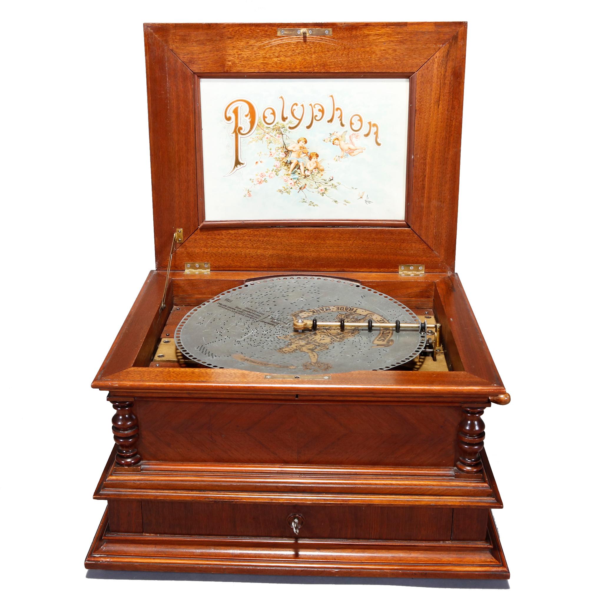 19th Century Antique Deluxe Model Walnut Marquetry Polyphon Single Comb Music Box, circa 1890