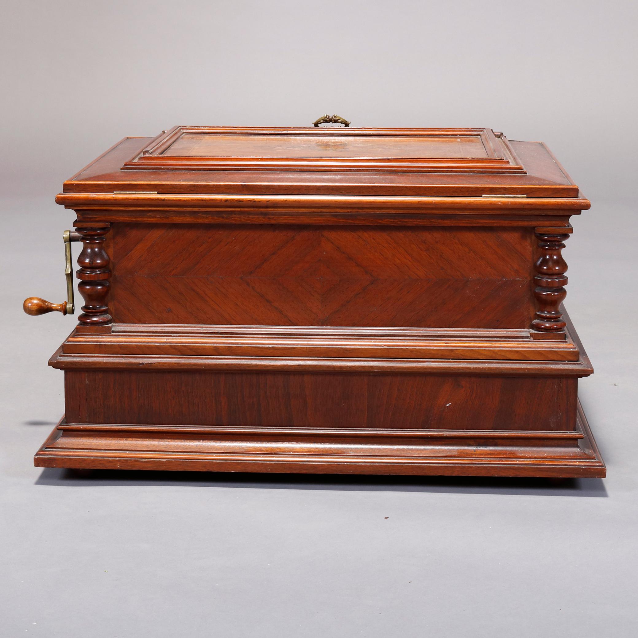 Carved Antique Deluxe Model Walnut Marquetry Polyphon Single Comb Music Box, circa 1890