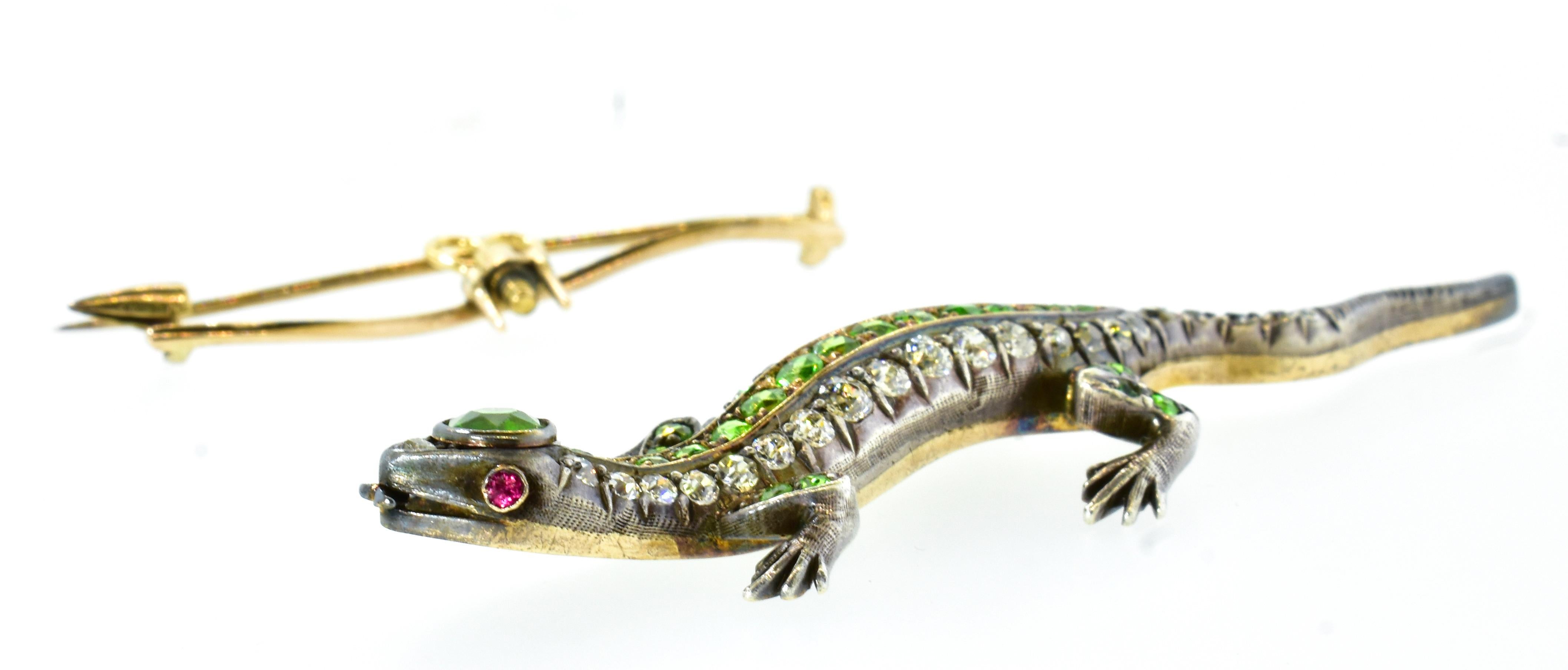 Victorian Antique Demantoid and Diamond Salamander Brooch, circa 1880 For Sale