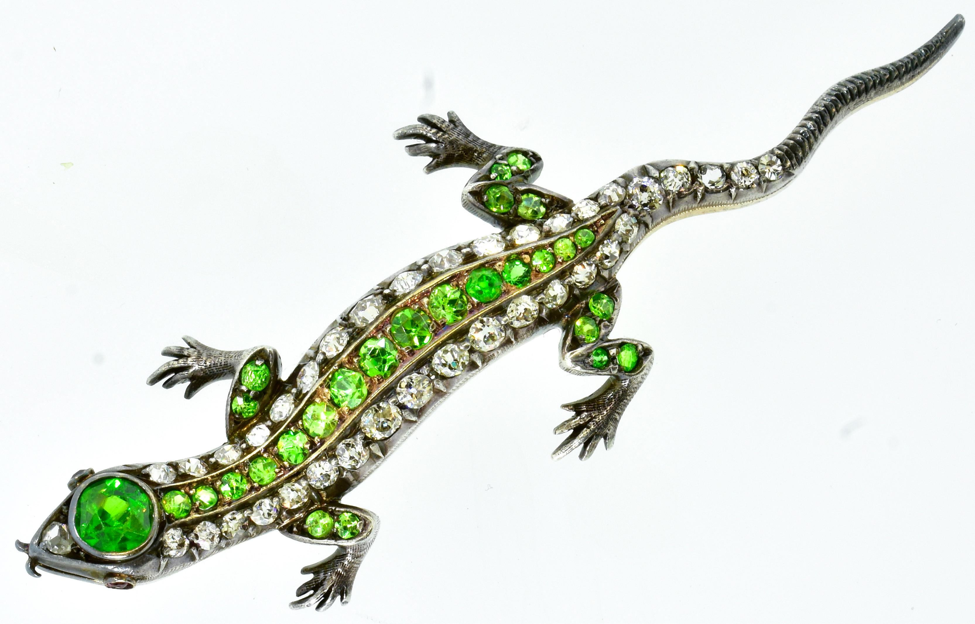 Antique Cushion Cut Antique Demantoid and Diamond Salamander Brooch, circa 1880 For Sale