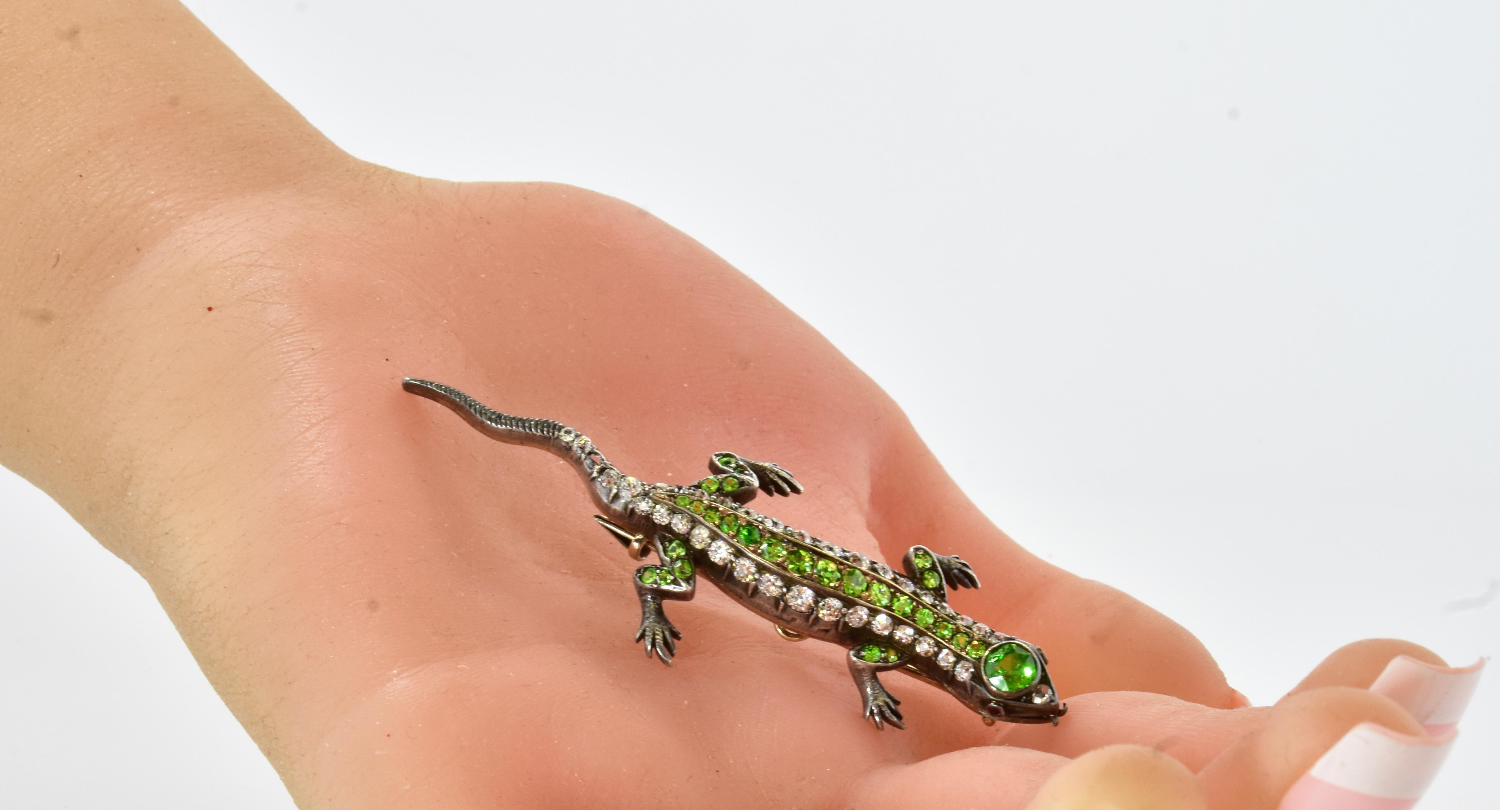 Women's or Men's Antique Demantoid and Diamond Salamander Brooch, circa 1880 For Sale