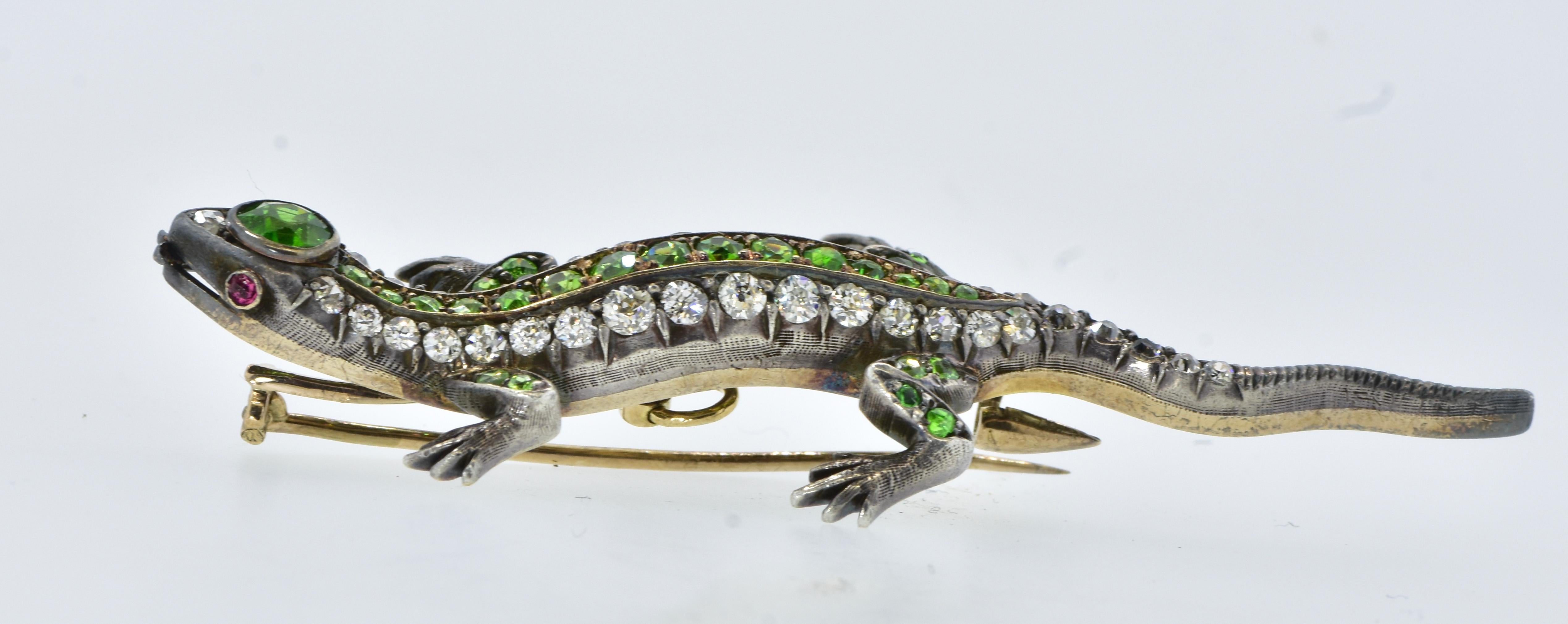 Antique Demantoid and Diamond Salamander Brooch, circa 1880 For Sale 1