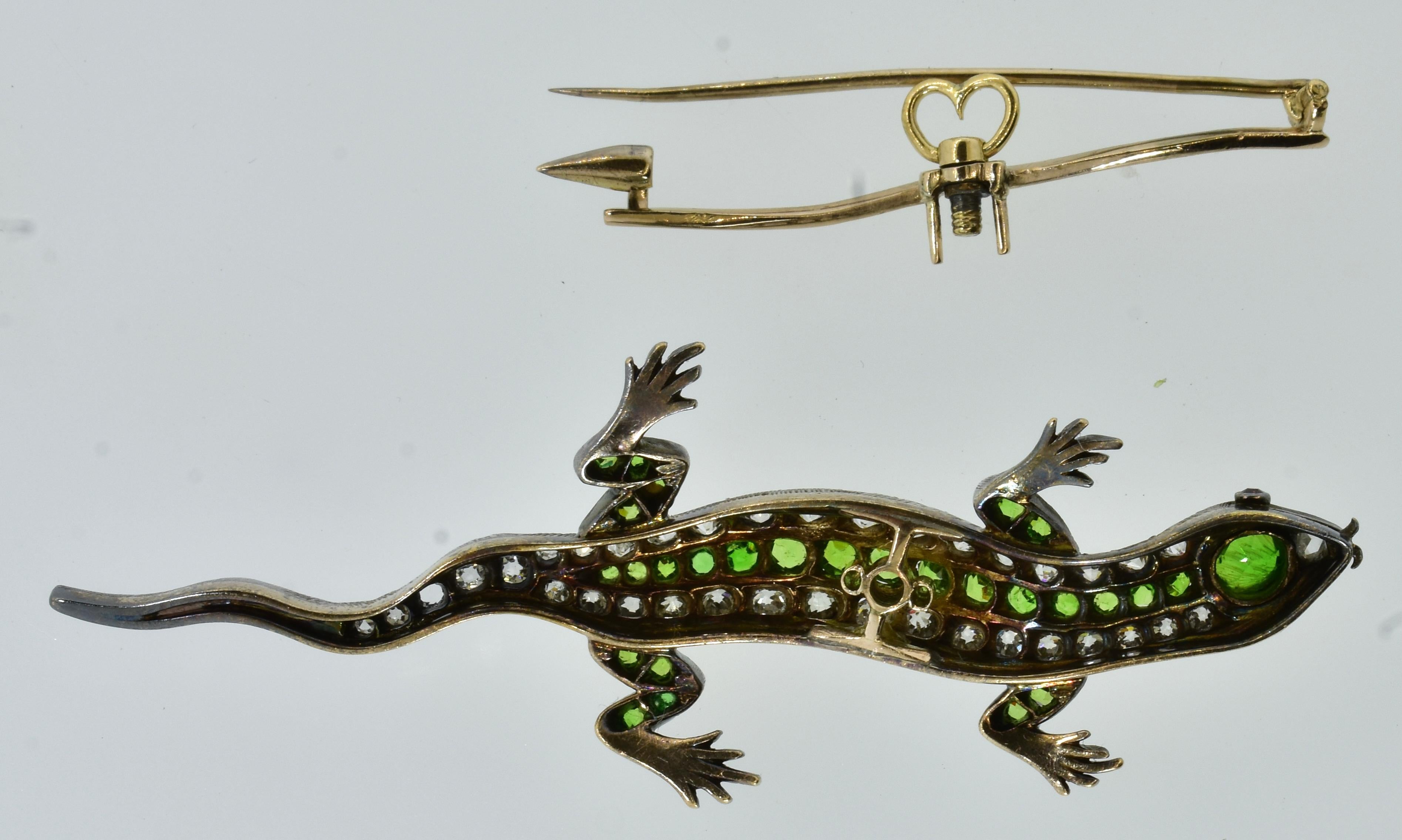 Antique Demantoid and Diamond Salamander Brooch, circa 1880 For Sale 2