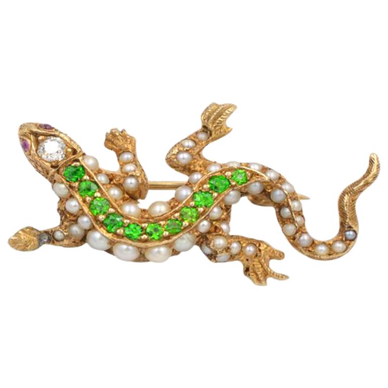 Antique Demantoid and Pearl 14 Karat Gold Lizard Brooch For Sale