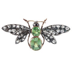 Antique Demantoid Garnet and Diamond Butterfly Brooch