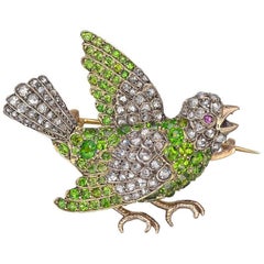 Antique Demantoid Garnet and Diamond Bird Pin