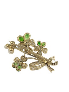 Antique Demantoid Garnet Diamond Platinum and Gold Brooch