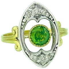 Antique Demantoid Garnet, Diamond Ring .60 Carat 18 Karat Yellow Gold and Silver