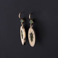 Antique Demantoid Garnet Insect Shibayama Conversion Earrings of 14k Gold