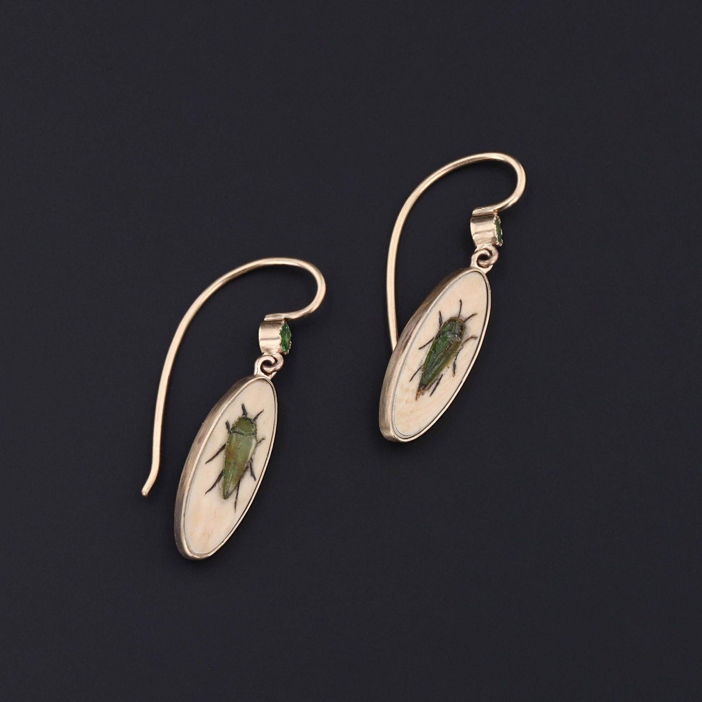Oval Cut Antique Demantoid Garnet Insect Shibayama Conversion Earrings of 14k Gold For Sale